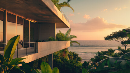 Sunset over the sea, house