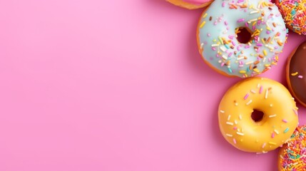 Donuts with top view and pastel color background. Negative space. Generative AI