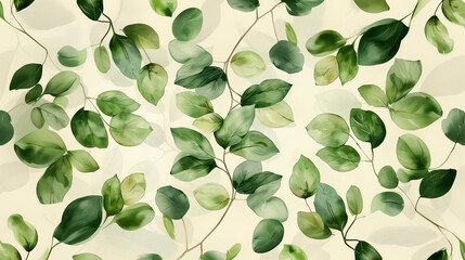 watercolor pattern of beige and green leaves on a cream background, foliage background