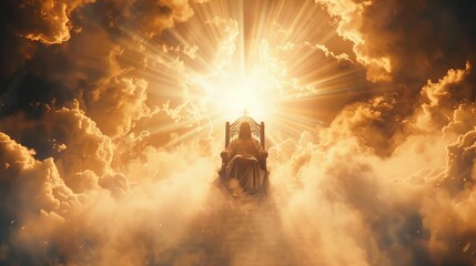 Jesus Christ sitting on a throne high above the clouds in heaven, with healing peaceful light bursting out