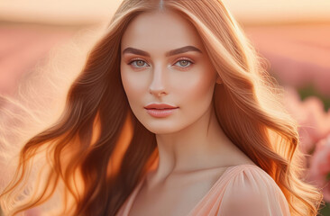 Naklejka premium Portrait of a beautiful girl with long flowing hair in a soft peach outfit. Delicate pastel colors, style, shade of delicate Pantone peach.