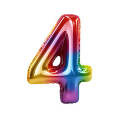 Rainbow metallic number 4 balloon Realistic 3D on white background. Generative AI