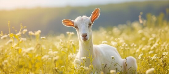 A peaceful goat enjoying a serene moment surrounded by colorful wildflowers in a vibrant meadow