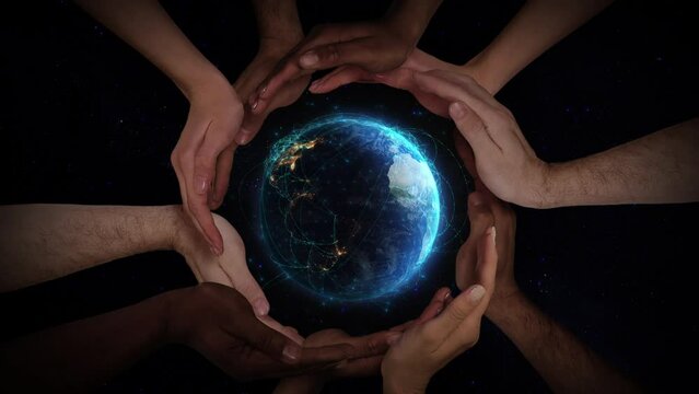 Multi Ethnic Hands holding a Hyper Realistic Rotating Earth with Network Connections. Asia, Europe and America. Futuristic Technology Telecommunications and Environmental concept