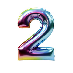 Rainbow metallic number 2 balloon Realistic 3D on white background. Generative AI