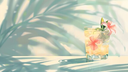 Yellow cocktail with a flower in the glass. Palm tree shadow background. Pastel colors. Minimalist concept