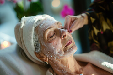 Cara de mujer senior mayor de 60 años tumbada y relajada, recibiendo un tratamiento facial en su cara, en un balneario o spa. Concepto viajes para mayores, jubilacion, vacaciones - obrazy, fototapety, plakaty