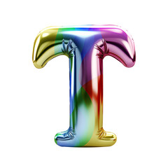 Rainbow metallic Alphabet T balloon Realistic 3D on white background. Generative AI