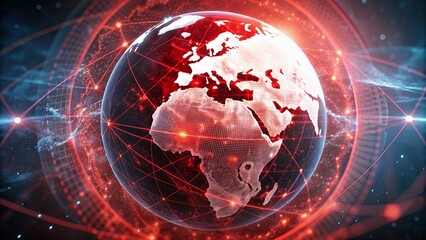 Fototapeta premium Digital world globe centered on Europe, concept of global network and connectivity on Earth, data transfer and cyber technology, information exchange and international telecommunication