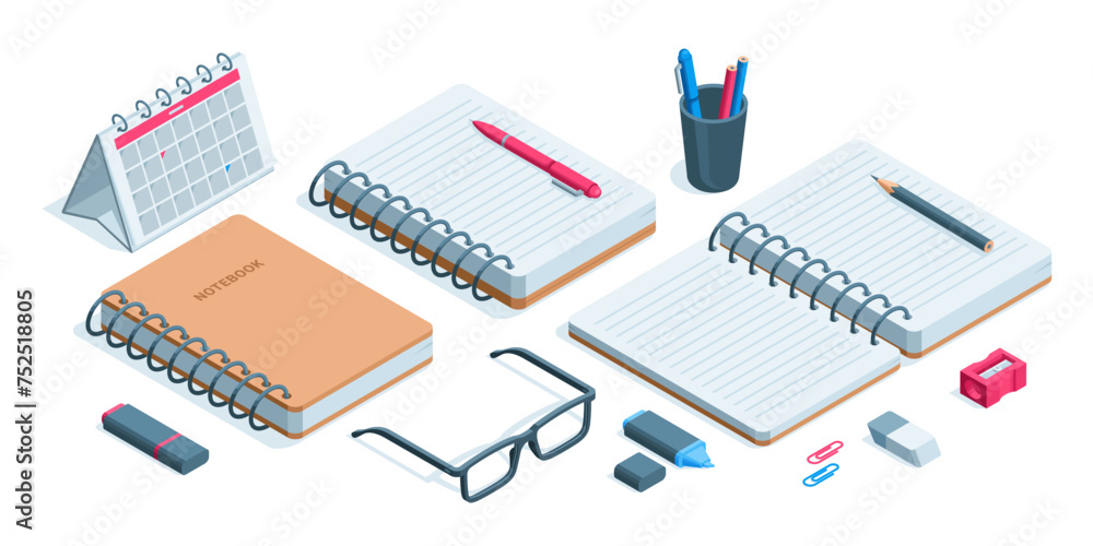 Poster isometric set of notebook with pen and pencils next to calendar and glasses, in color on white backg