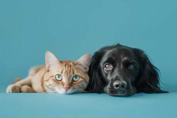 Pets dog and cat close up on blue background