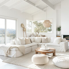 Fototapeta premium Interior design of modern apartment with bright sofa, table home plants and decoration. Interior mockup. Scandinavian interior design. Generative AI