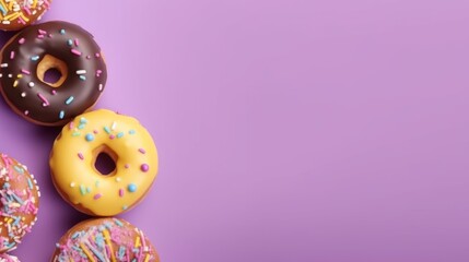 Fototapeta premium Donuts with top view and pastel color background. Negative space. Generative AI