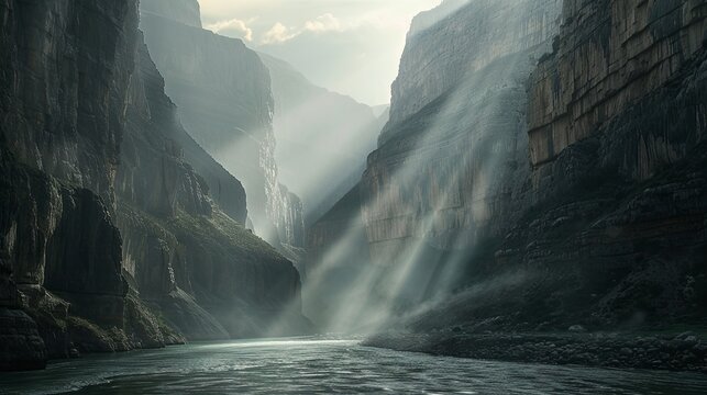 A river is running in a deep rocky canyon. Natural background. Illustration for cover, card, postcard, interior design, banner, poster, brochure or presentation.