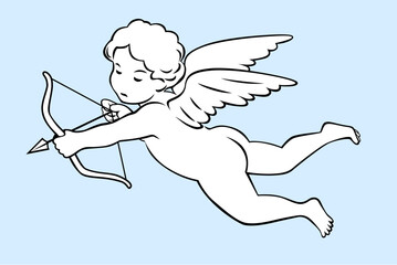 Linear drawing of a flying cupid with wings and shooting an arrow from a bow. Vector illustration