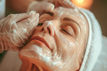 Mujer senior recibiendo un tratamiento facial en su cara, pudiendo observar las manos de la profesional realizándolo, sobre fondo de clínica de estética desenfocado - obrazy, fototapety, plakaty