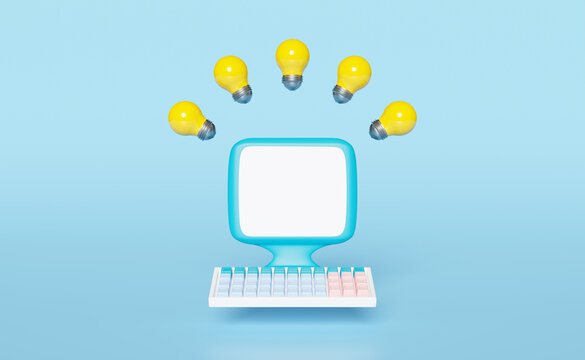 laptop computer monitor with yellow light bulb isolated on blue background.idea tip concept,3d illustration,3d render