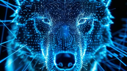 Close-up of a wolf's muzzle in grid style. Polygonal computer-generated image. Animal with face recognition grid. Illustration for cover, card, interior design, poster, brochure or presentation. - obrazy, fototapety, plakaty