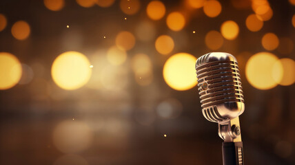 Retro microphone on stage with bokeh light with place for text