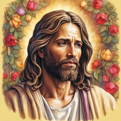 Portrait of Jesus on a background of flowers. Illustration with colored pencils. Square