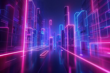 A three dimensional abstract background with neon lines and shapes creating a futuristic cityscape against a dark background