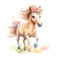 Obraz na płótnie Canvas A little horse with a pink flower on its head is running watercolor isolated on white background. Vector illustration