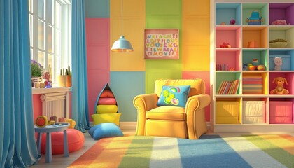 backdrop, childs room filled with colorful walls and furniture, creating a cheerful and lively atmosphere.