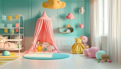 childs bedroom is decorated in soft pastel colors, creating a soothing and light-filled space.  - obrazy, fototapety, plakaty