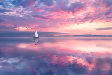 Soft pastel clouds in shades of pink and lavender casting a dreamy glow over a tranquil lake at sunset, the still waters mirroring the ethereal sky