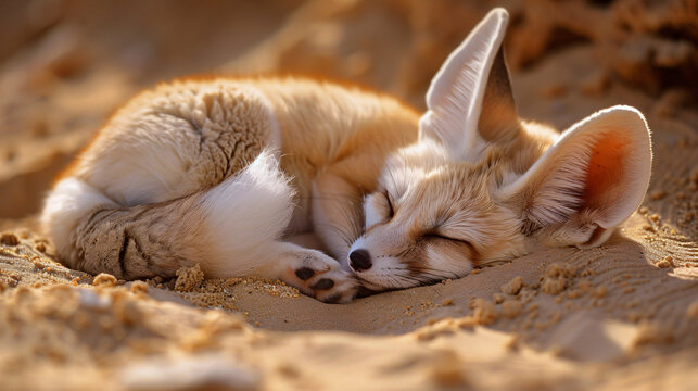 Sleepy baby fennec fox curled up in the sand.