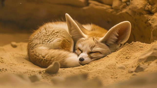 Sleepy baby fennec fox curled up in the sand.