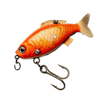 A fish-shaped fishing bait with a hook on an isolated background