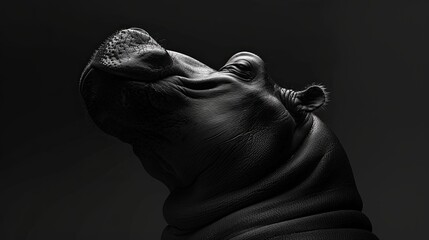 The muzzle of a hippopotamus. A close-up of a hippo in monochrome. A wild animal in its natural...