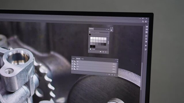 Closeup process of color correction post production video or photo in progress. Close-up of unrecognizable filmmaker colorist editing commercial movie. Color grading and production concept.