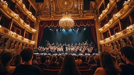 An elegant classical music concert, orchestra in full performance, audience captivated, in a grand historic theater. Resplendent.
