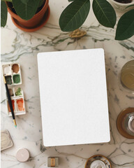 Boho style white marble desktop mockup with watercolor with leaves