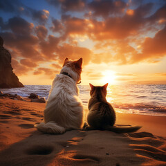 Dog and cat sitting on beach at sunset