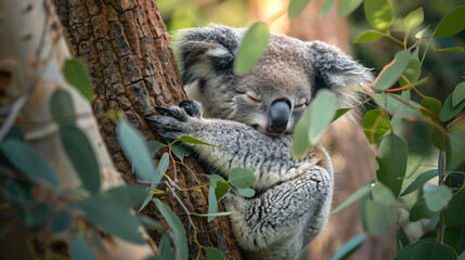 Sleepy baby koala cuddled up in a eucalyptus tree