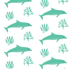 Seamless pattern with dolphin and seaweed. Vector illustration.