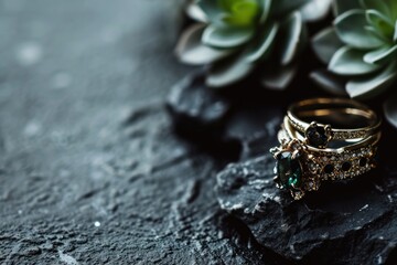 Gold wedding rings and succulent on black stone background with copy space. Perfect for jewelry store advertisements or engagement-related content with Copy Space.