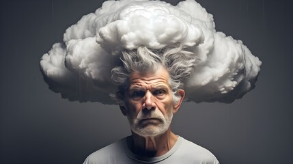 A surreal photo of a man with his head literally in the clouds symbolizes deep contemplation amidst tragedy and confusion