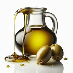 olive oil and olives on white