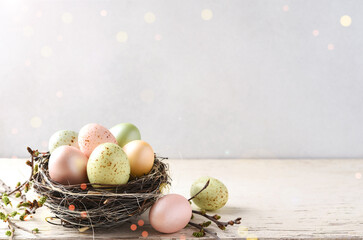 Easter card. Easter background with nest and eggs - 752522414
