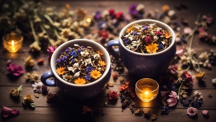 Herbal tea background. Tea cups with various dried tea leaves