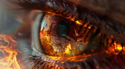 A surreal photo captures a human eye, with flames and fire reflected, evoking intense emotion and curiosity through abstract perspective - obrazy, fototapety, plakaty