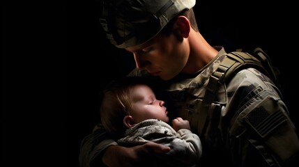 A stirring photo captures an adult soldier holding a small child amidst conflict, symbolizing protection, compassion, and hope amid adversity.
