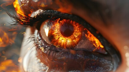 A human eye, with flames and fire reflected, evoking intense emotion and curiosity through abstract perspective