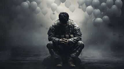 A poignant photo captures the silent struggle of an adult soldier grappling with PTSD, bowing his head with clasped hands, battling inner demons. - obrazy, fototapety, plakaty