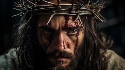 Intense closeup captures Jesus in agony, bloodied from crucifixion, wearing a crown of thorns, evoking profound emotion and reverence