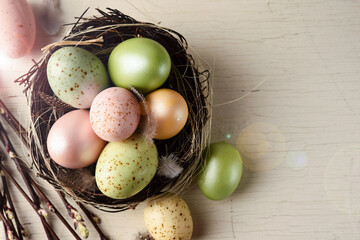 Easter card. Easter background with nest and eggs - 752522668
